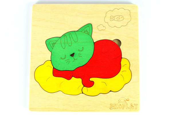 Ekoplay Holzpuzzle Träumende Katze auf einer Decke     Lernspielzeug Holzspielzeug Kinderpuzzle